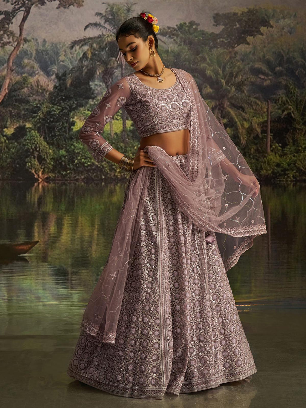 Mauve Soft Net Designer Lehenga Choli