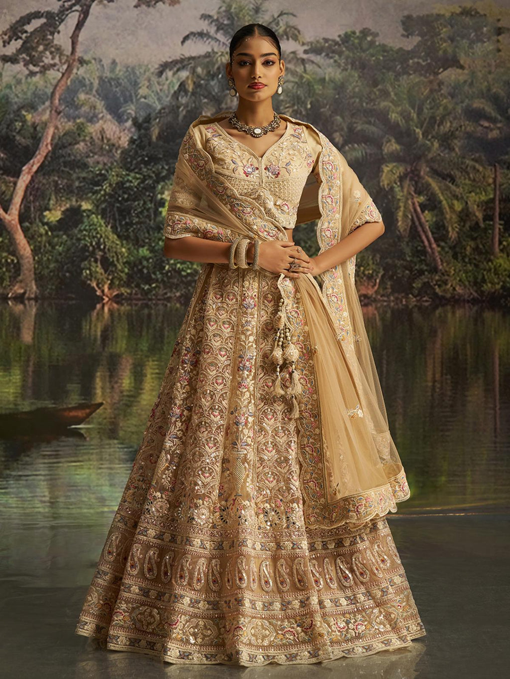 Cream Soft Net Designer Lehenga Choli