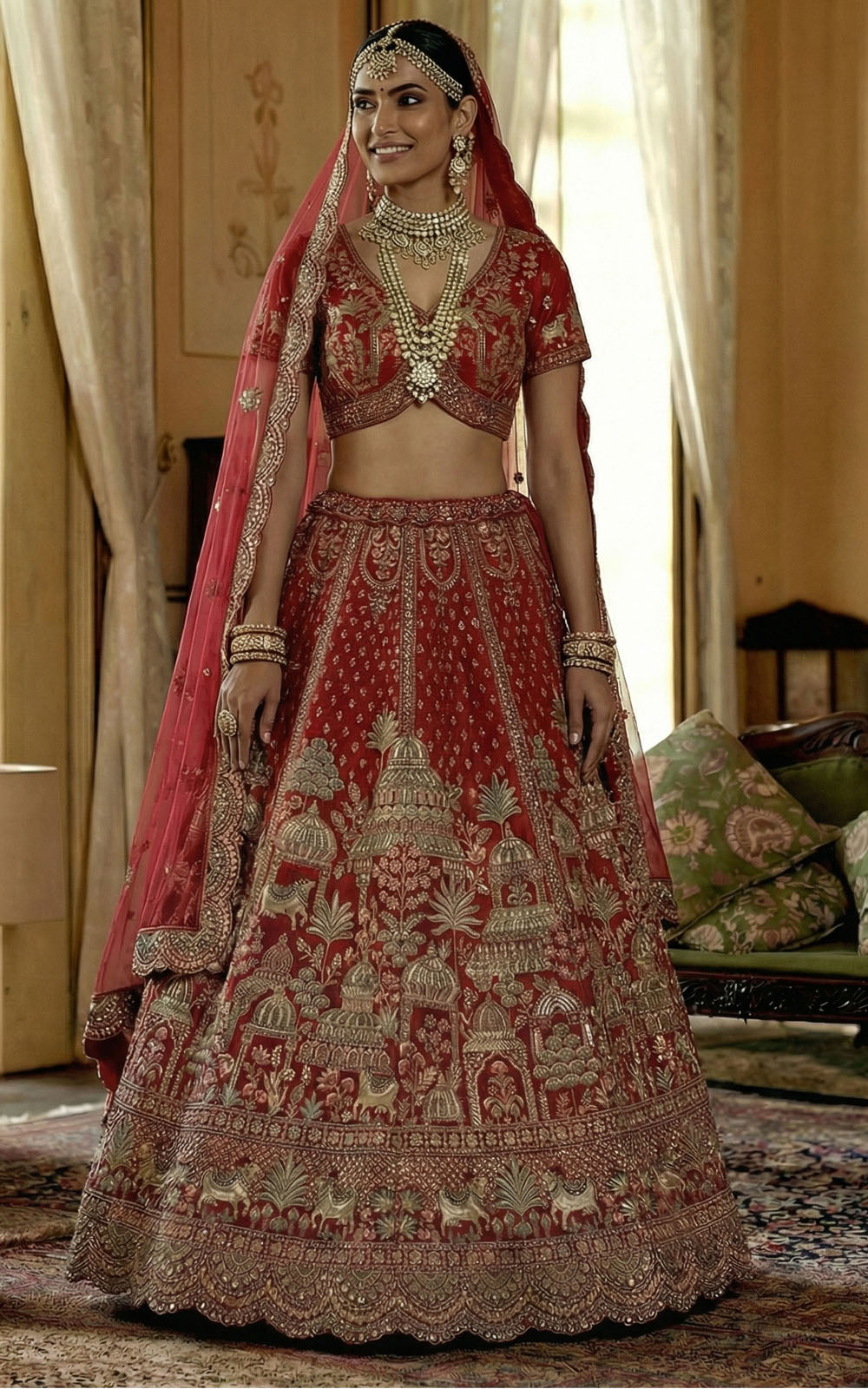 Woman in a traditional red embroidered bridal outfit with jewelry in an elegant room.