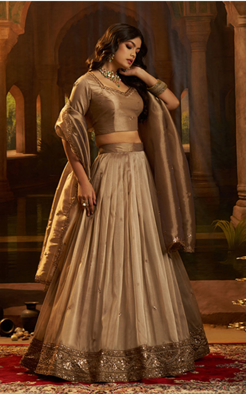 Brown Designer Lehenga Choli Set For Ring Ceremony