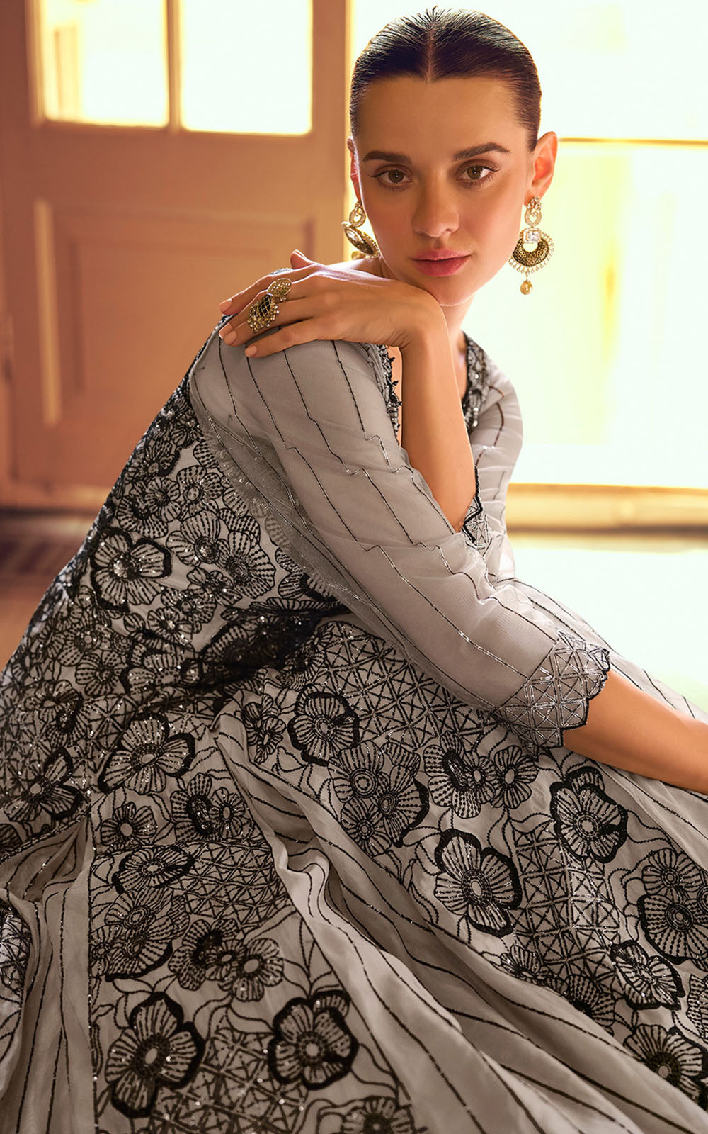 Grey Party Wear Anarkali Suit – Free Size