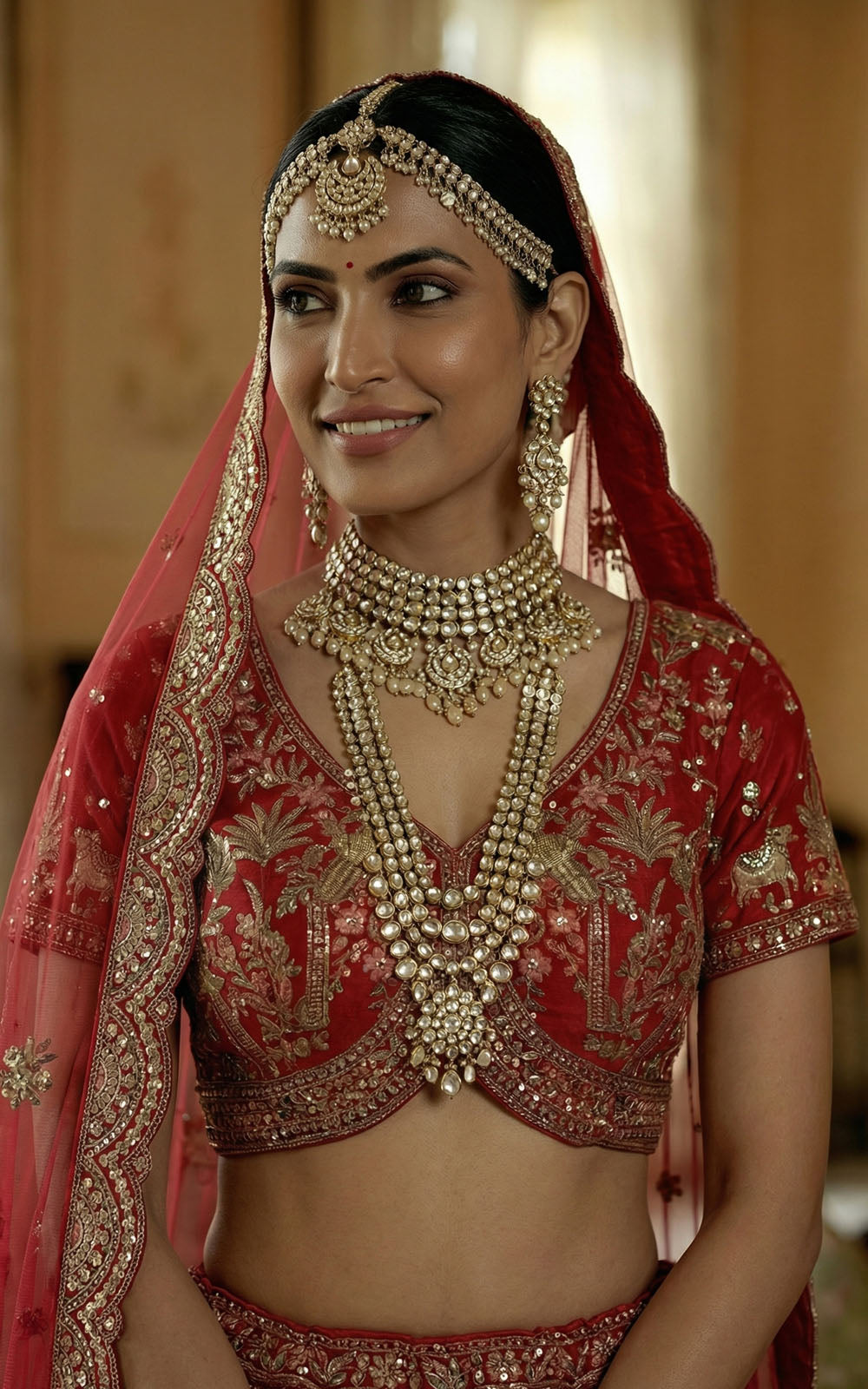 Woman in traditional red and gold bridal outfit with jewelry