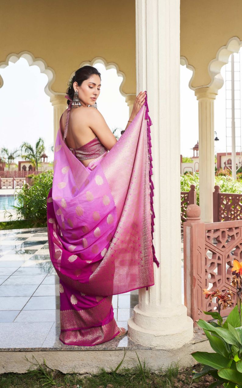Woman in a pink saree standing by a decorative archway with a garden view.