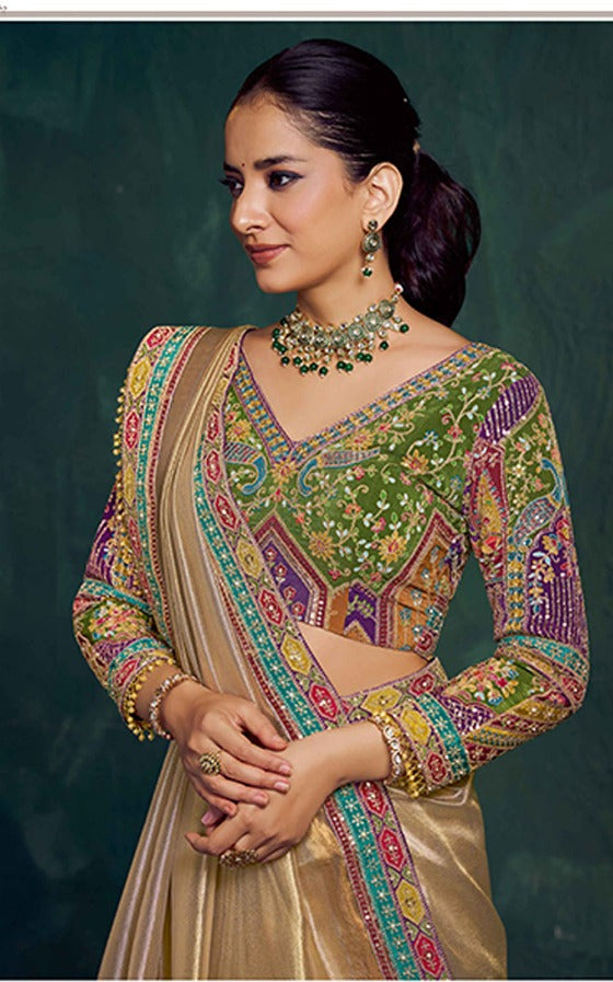 Woman wearing a traditional embroidered saree with a green blouse against a dark background