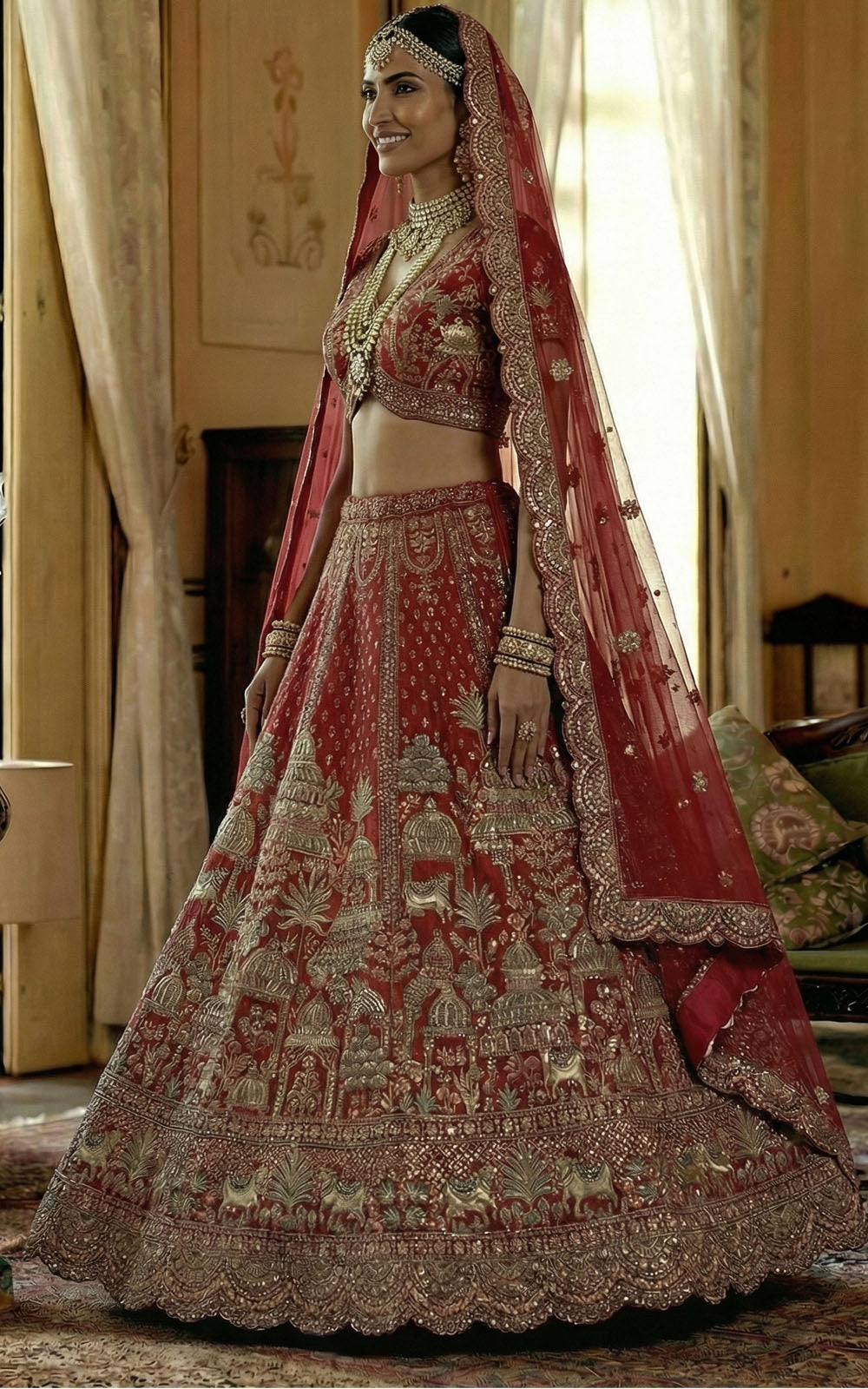Woman in a traditional red and gold embroidered outfit with a matching dupatta.