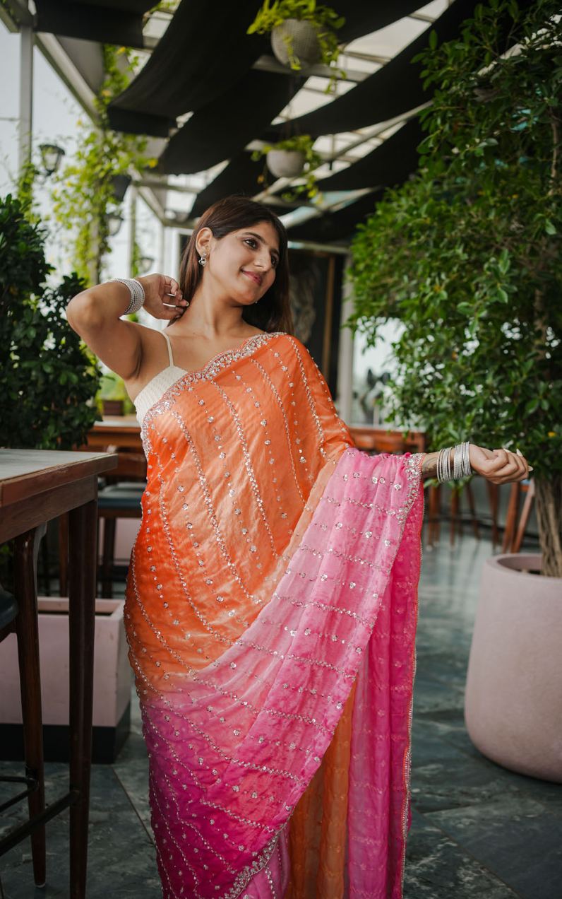 Orange Fendy Satin Wedding Saree