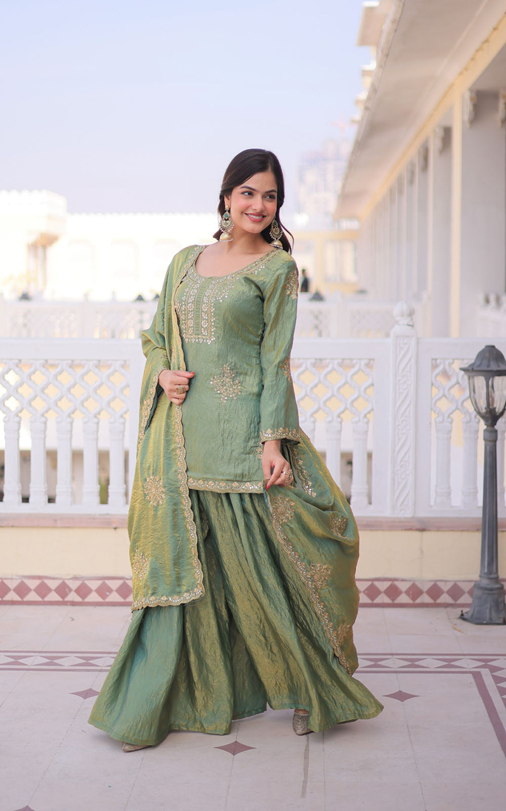 Fendi Crush Embroidered Kurti Sharara Set with Dupatta