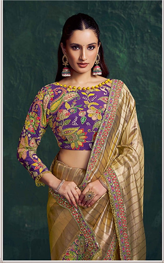 Woman wearing a traditional saree with a colorful blouse against a dark green background