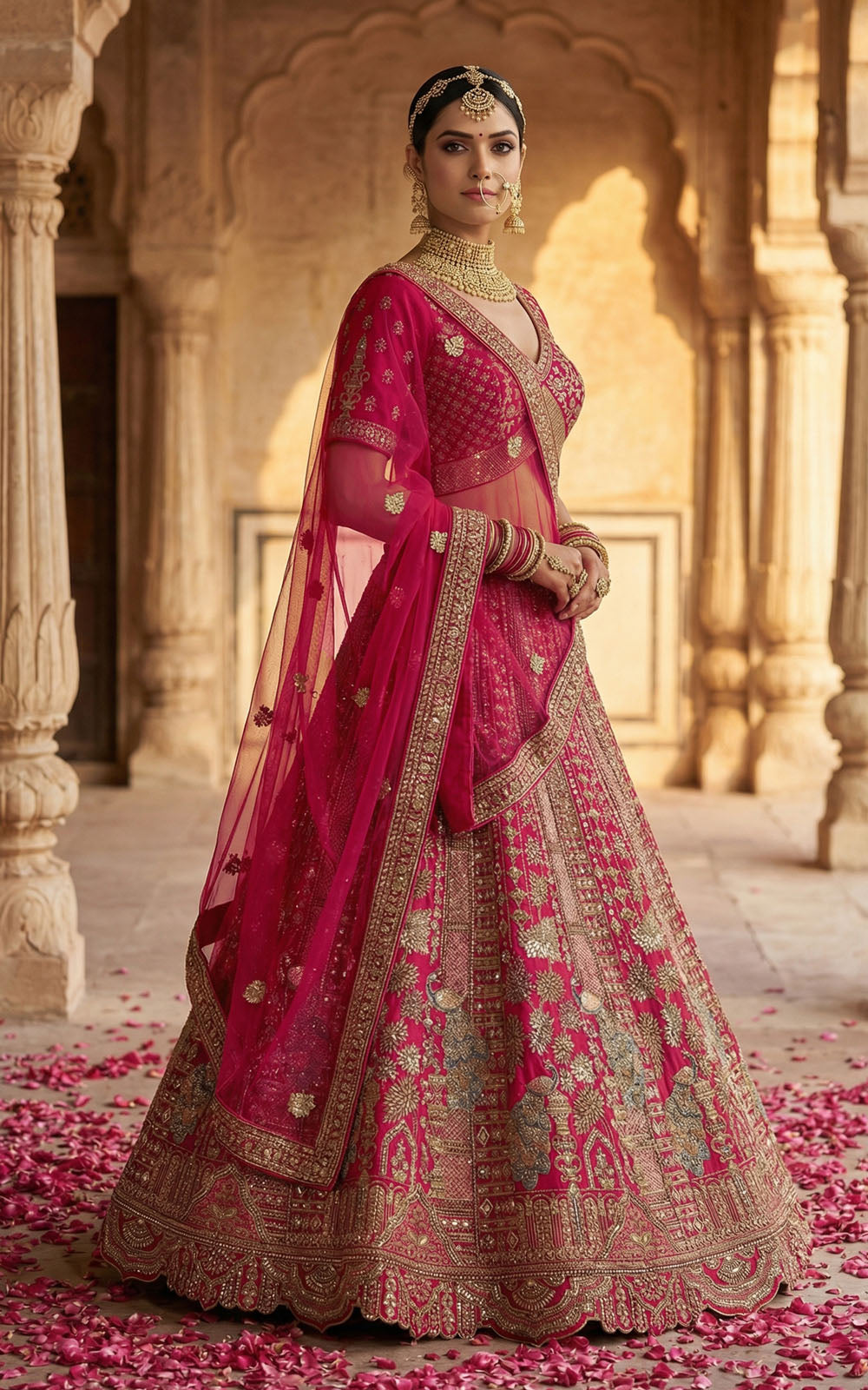 Woman in a traditional pink and gold embroidered outfit standing in an architectural setting with floral petals on the ground.