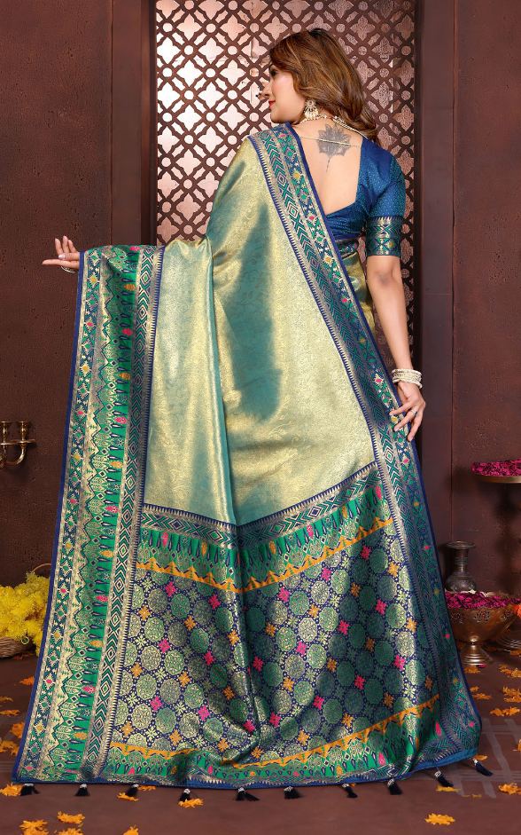 Blue Banarasi Tissue Silk Paithani Designer Partywear Saree