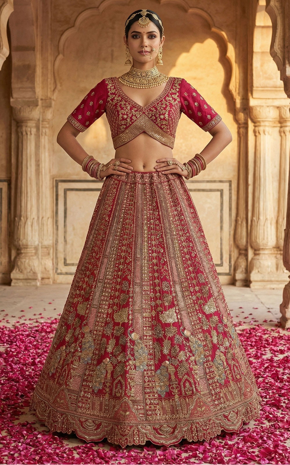 Woman in traditional embroidered pink and gold lehenga with intricate designs, standing on a carpet of rose petals.