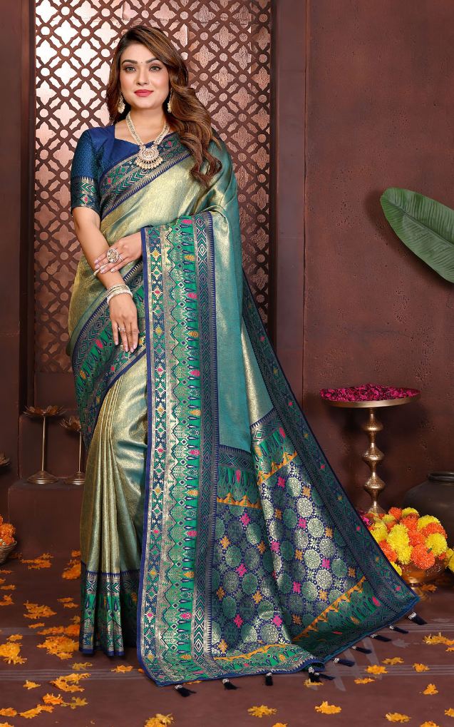 Blue Banarasi Tissue Silk Paithani Designer Partywear Saree