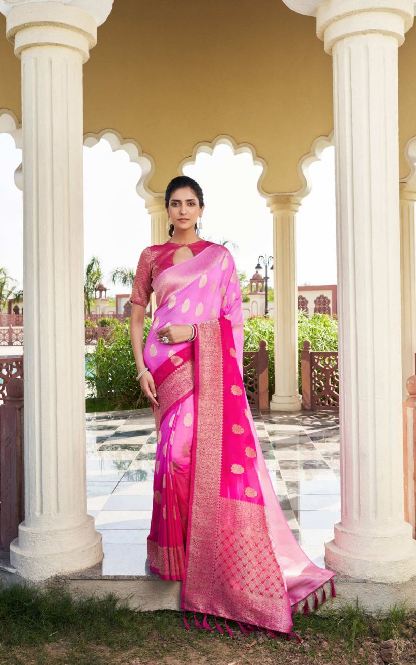 Woman in a pink saree standing in an architectural setting with columns and greenery.