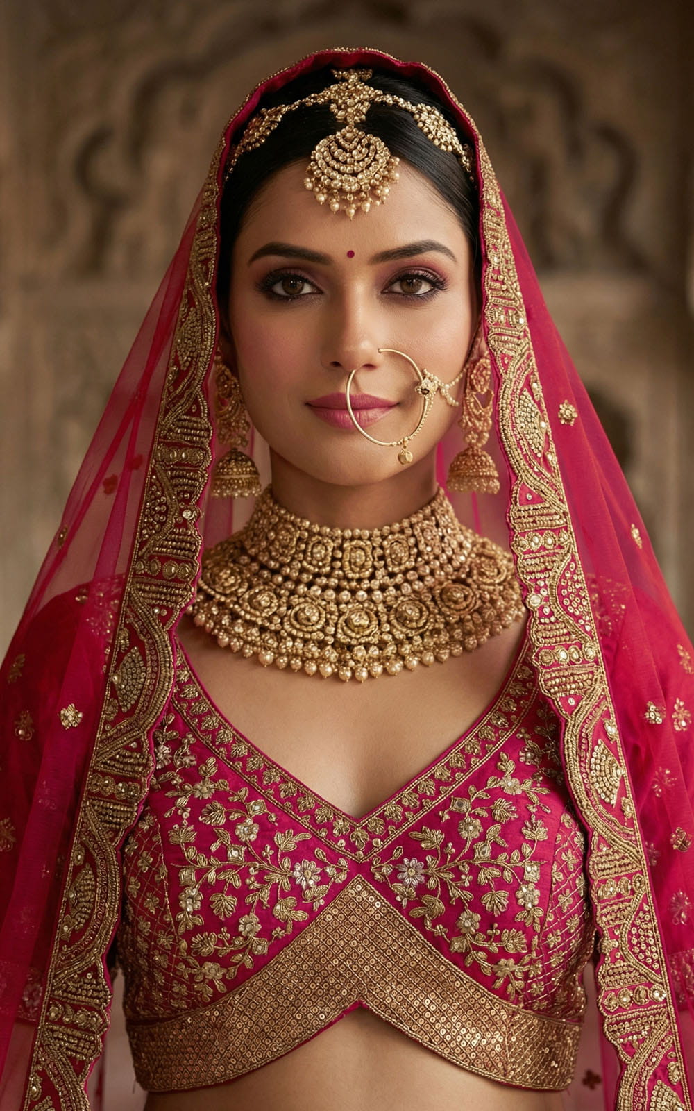 Woman in traditional Indian bridal attire with gold jewelry and a red dupatta.