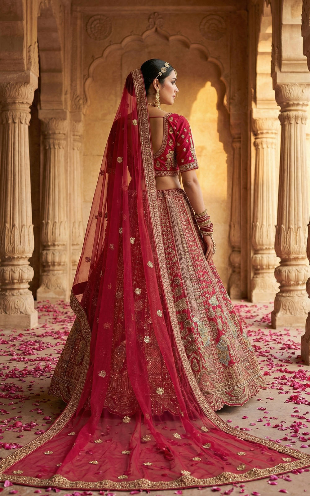 Woman in a traditional red and gold embroidered lehenga in an architectural setting.