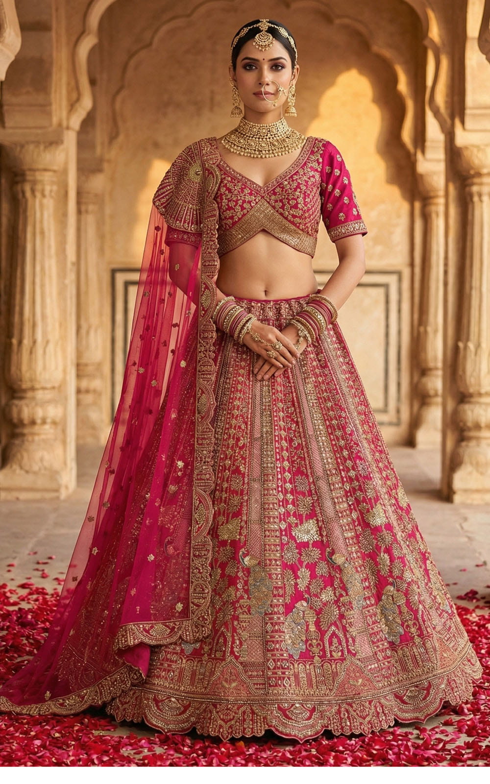 Woman in traditional pink and gold embroidered outfit with a long train, standing in an architectural setting.