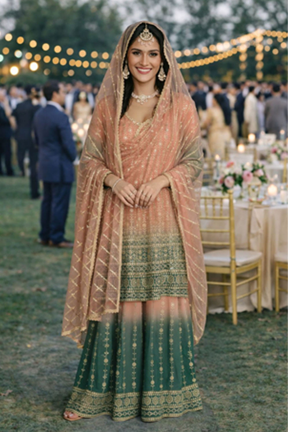 Woman in traditional attire at a festive outdoor event with string lights and tables in the background.
