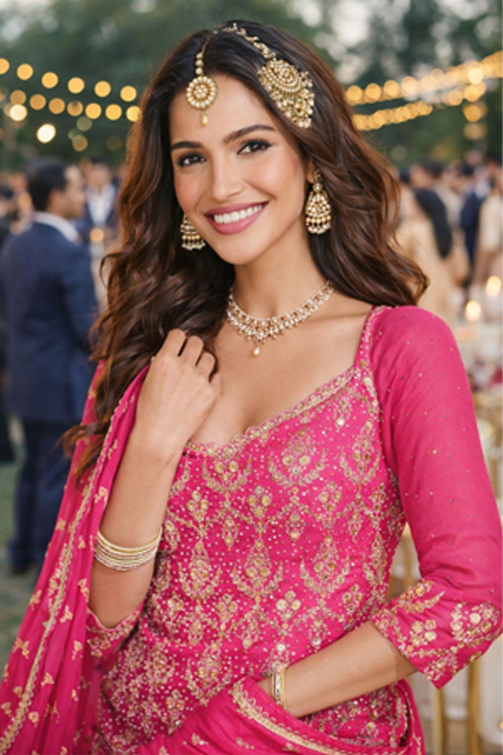 Woman in a pink traditional outfit with gold jewelry at an outdoor event.