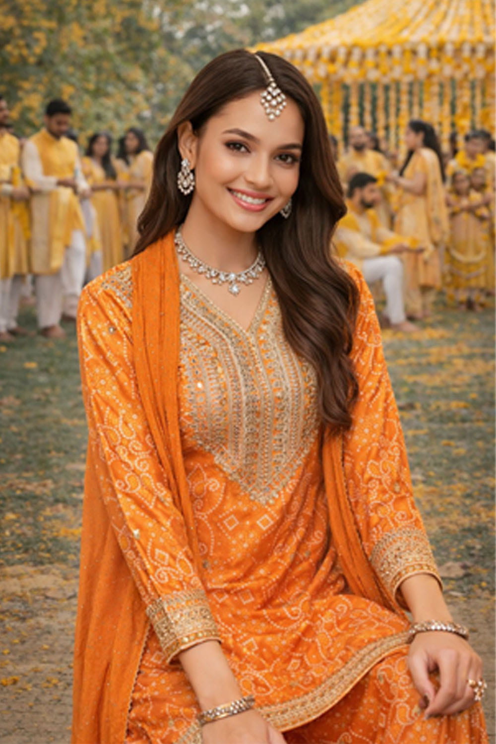 Woman in an orange traditional outfit with jewelry, seated outdoors with a festive background.