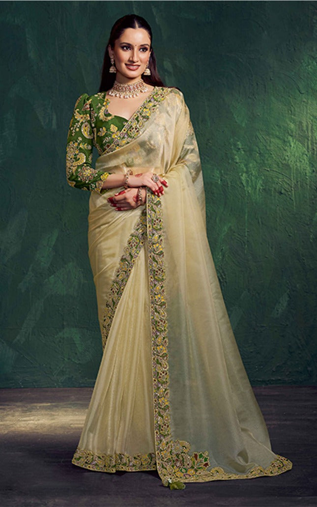 Woman wearing a traditional saree with intricate designs against a dark background