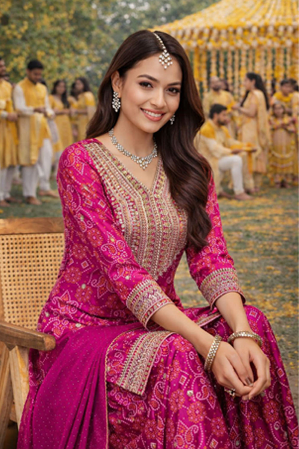 Woman in a vibrant pink traditional outfit with intricate patterns, sitting outdoors with a festive background.
