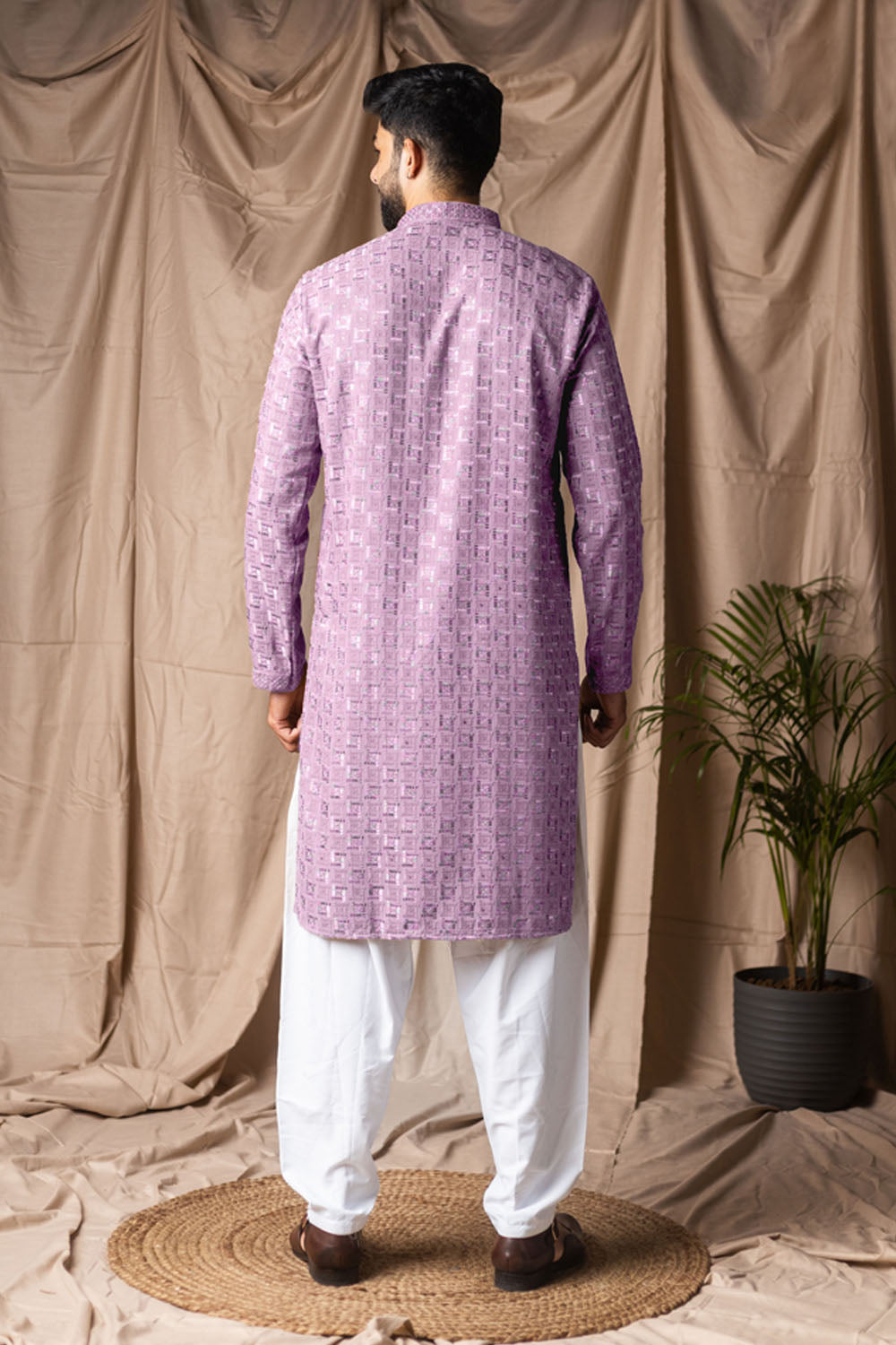 Lilac Viscose Rayon Kurta Pajama Set with Designer Embroidery