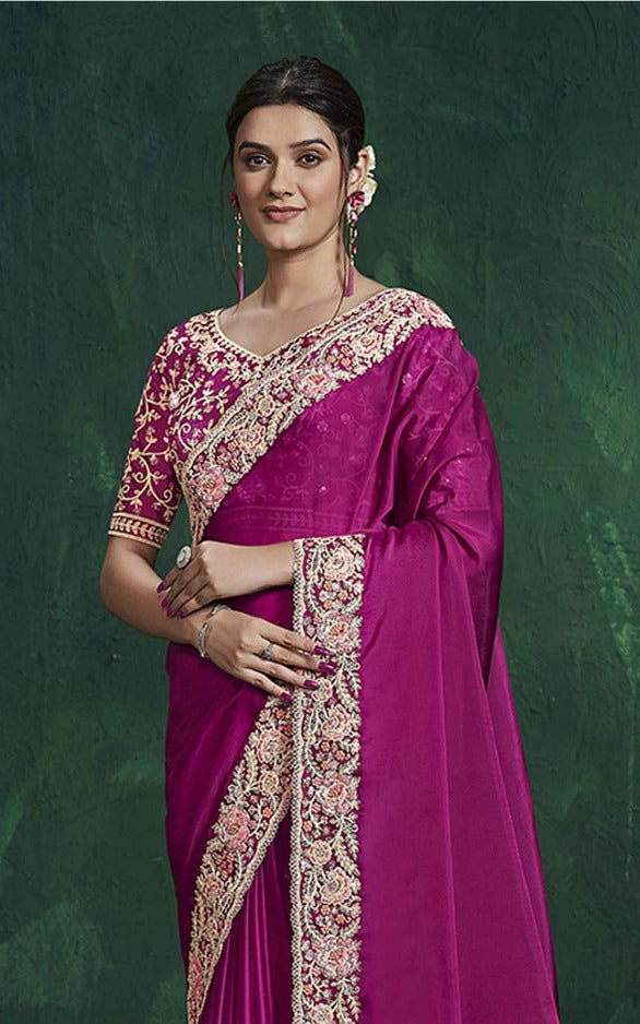 Pink Habotai Silk Partywear Wedding Saree