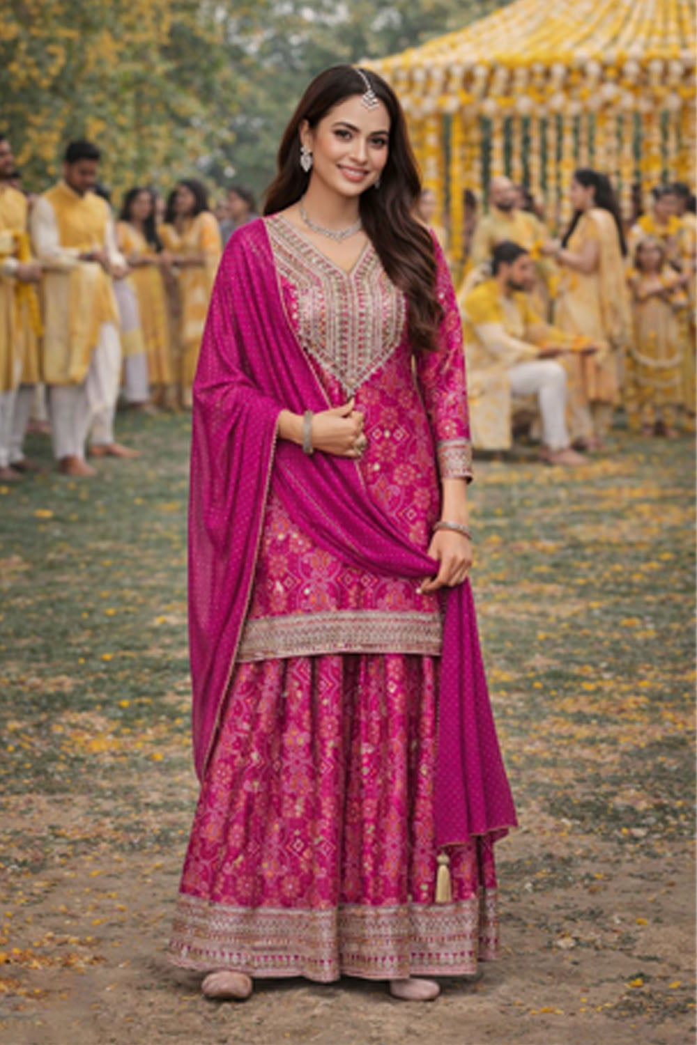 Woman in a pink traditional outfit with a yellow background