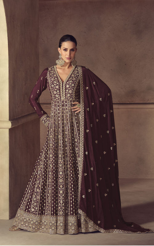 Brown Heavy Embroidered Anarkali Gown 
