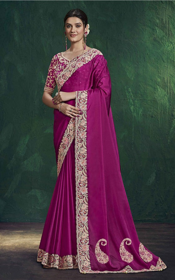 Pink Habotai Silk Partywear Wedding Saree
