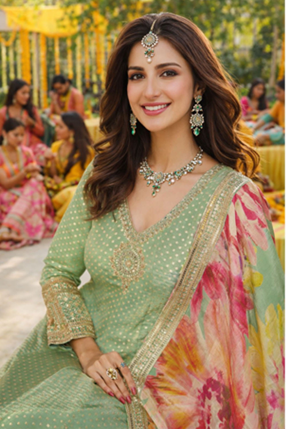 Woman in a green traditional outfit with a colorful floral dupatta at a festive event.