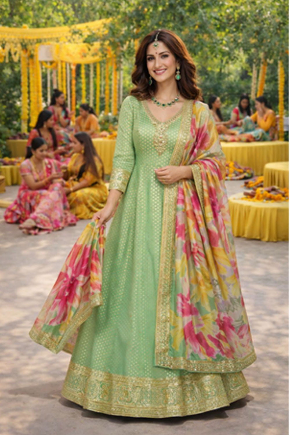 Woman in a green and floral traditional outfit at an outdoor event with decorations.