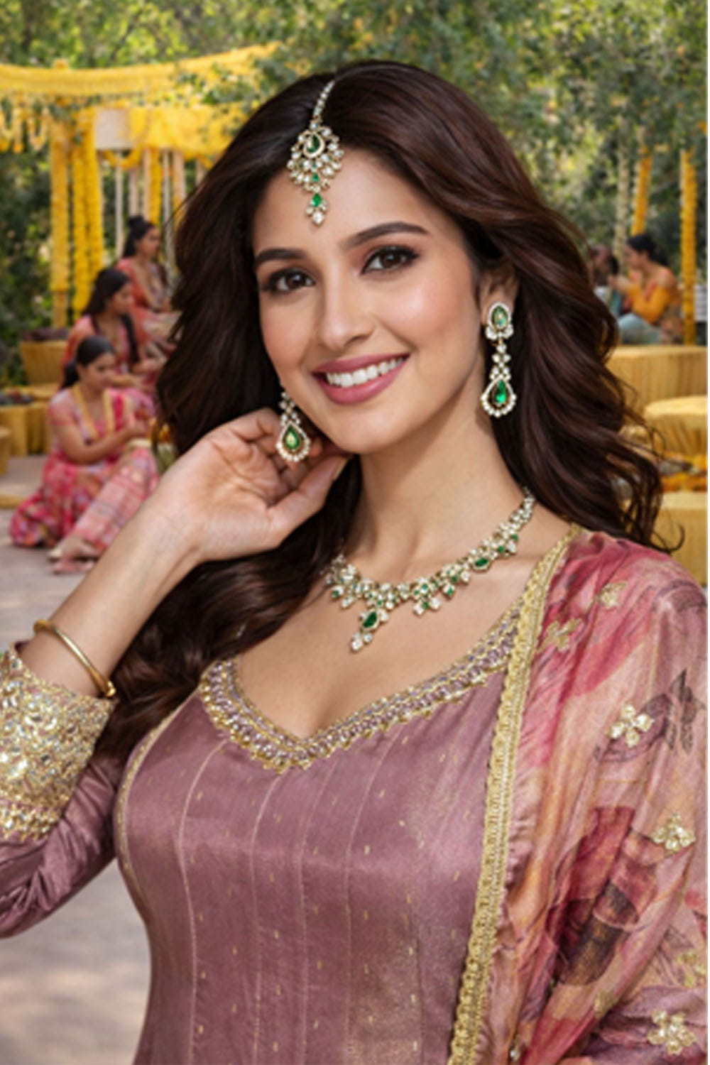 Woman in traditional attire with jewelry in a festive setting