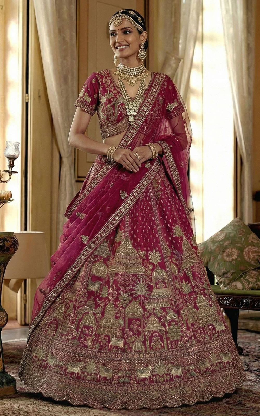 Woman in a traditional pink and gold embroidered saree with jewelry in an elegant indoor setting.