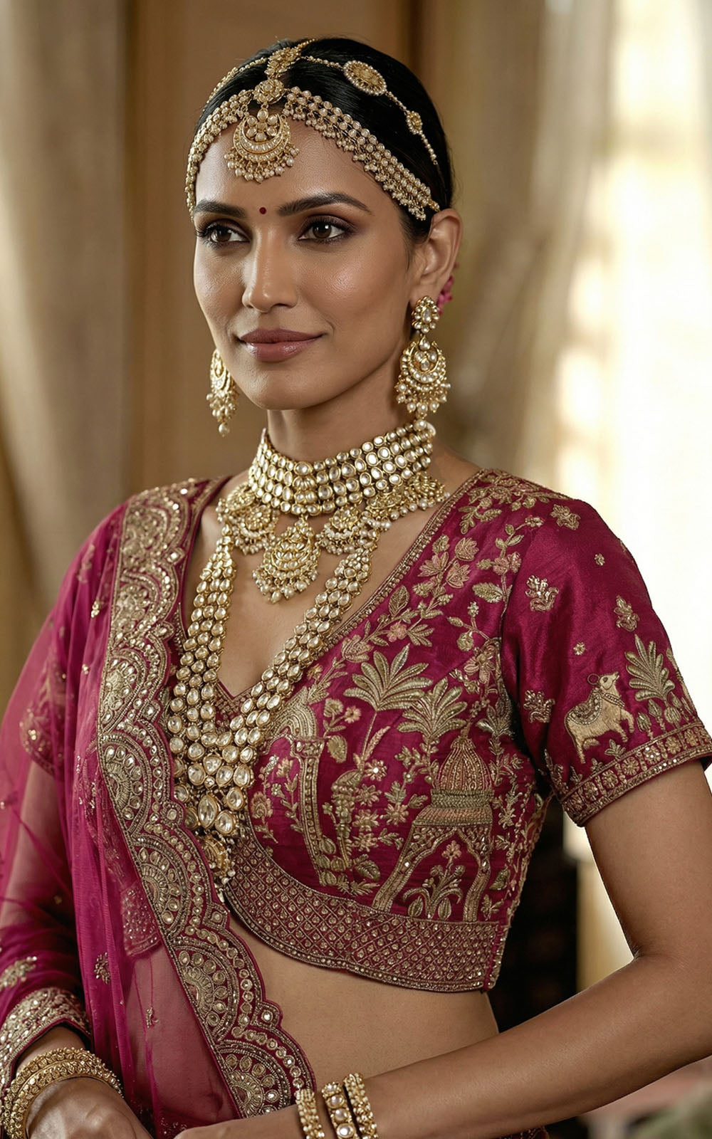 Woman in traditional Indian attire with jewelry, set against a neutral background