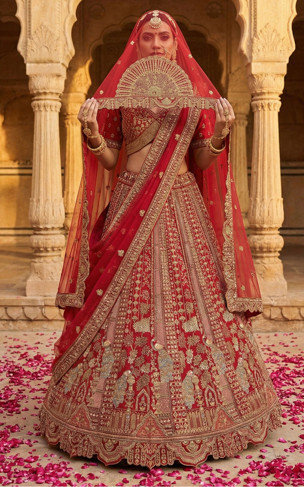 Woman in traditional red and gold bridal outfit with intricate patterns, standing in a decorative setting.