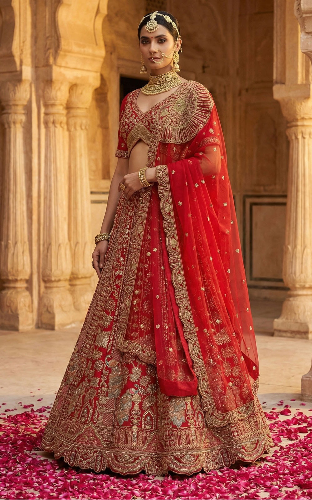 Woman in a red and gold traditional outfit standing on rose petals with architectural background