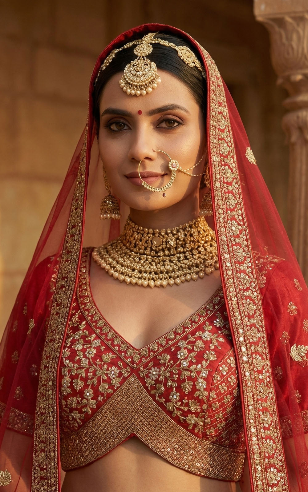 Woman in traditional red bridal outfit with gold jewelry against a warm-toned background