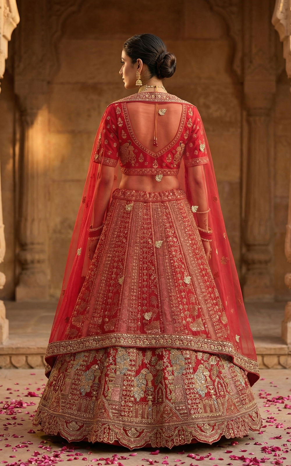 Red embroidered traditional outfit with intricate patterns, worn by a person standing in an architectural setting.