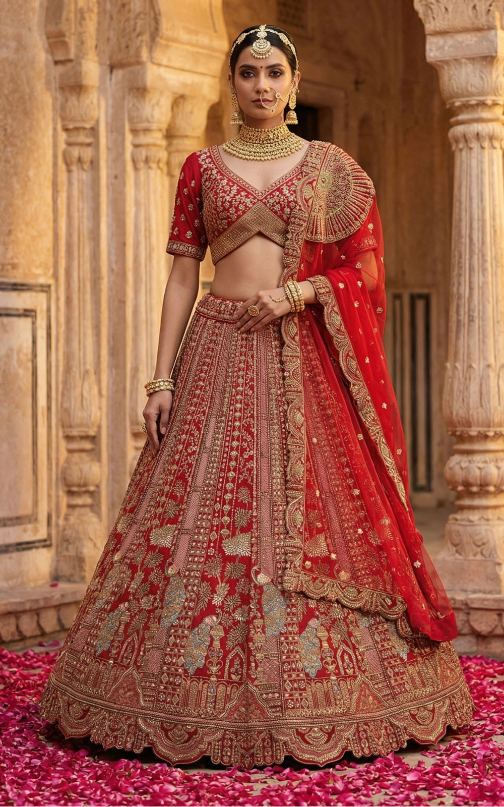 Woman in a traditional red and gold embroidered outfit standing in an architectural setting.