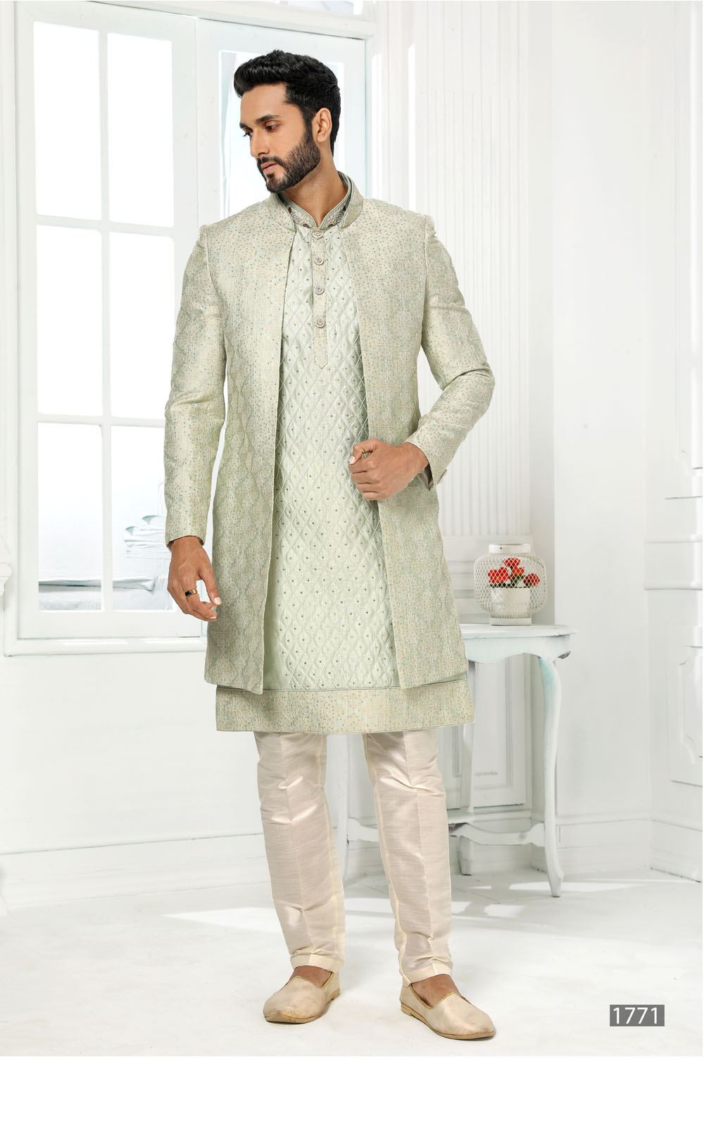 Pista Green Kurta Pajama With Jacket 3 Pcs Set