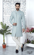 Sky Blue Jacquard Silk Indo-Western For Men
