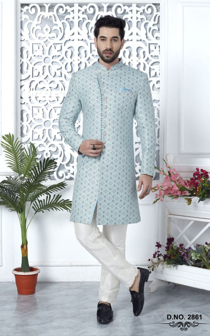 Sky Blue Jacquard Silk Indo-Western For Men