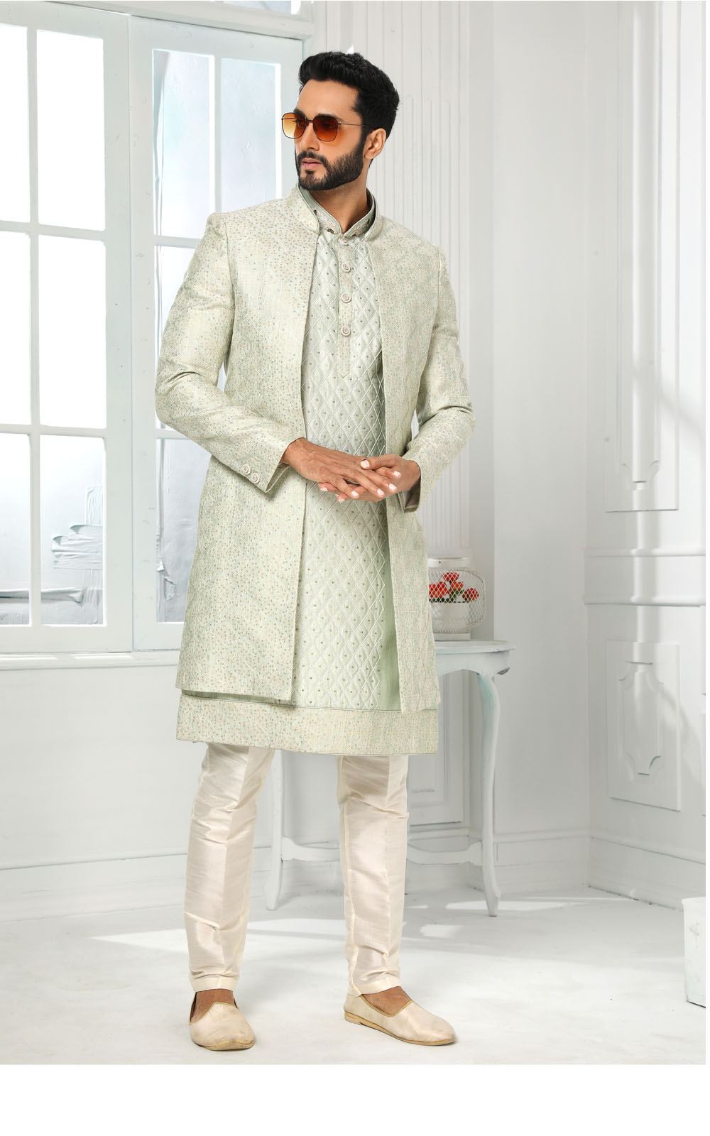 Pista Green Kurta Pajama With Jacket 3 Pcs Set