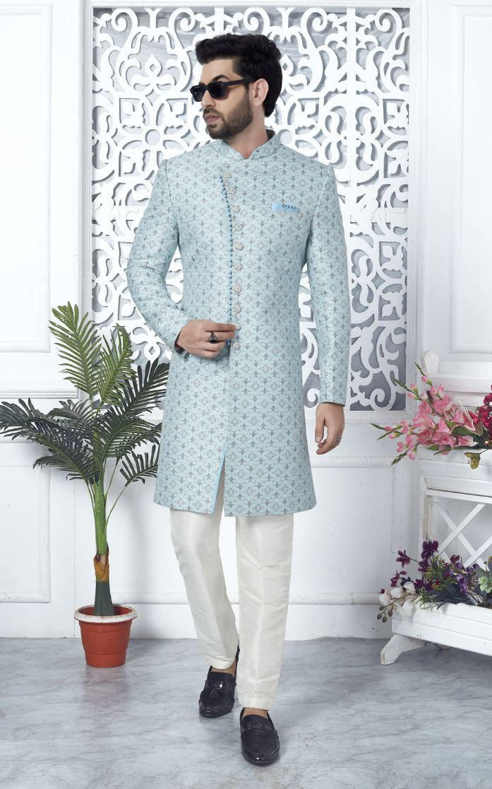 Sky Blue Jacquard Silk Indo-Western For Men