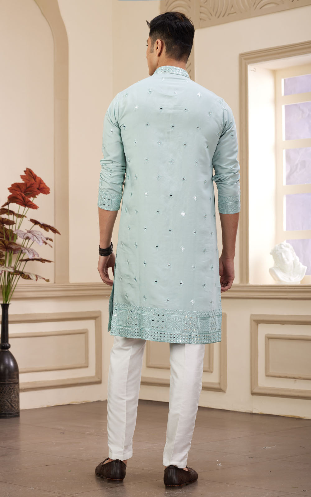Pista Green Thread Work Art Silk Kurta