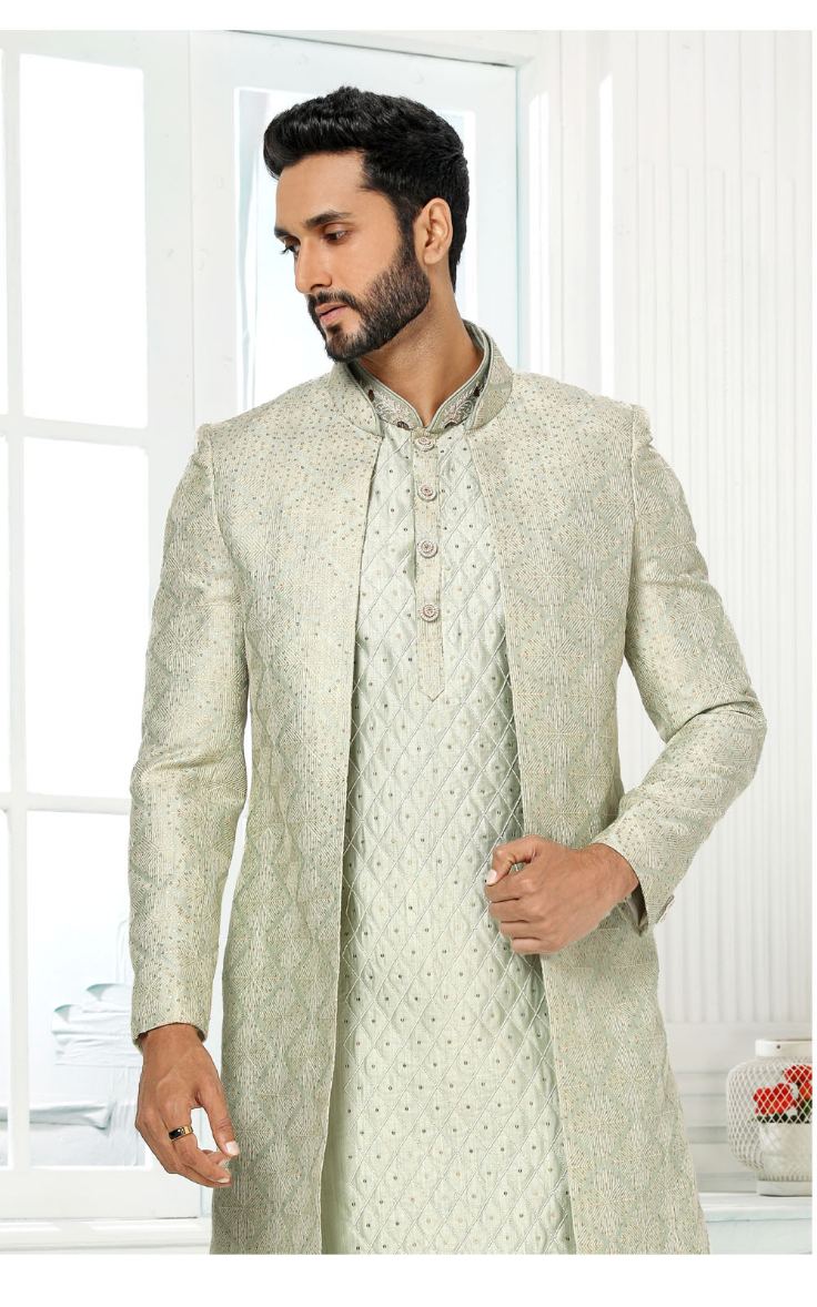 Pista Green Kurta Pajama With Jacket 3 Pcs Set