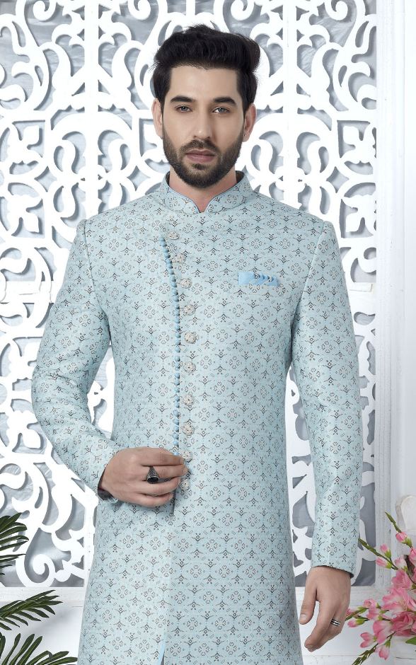 Sky Blue Jacquard Silk Indo-Western For Men