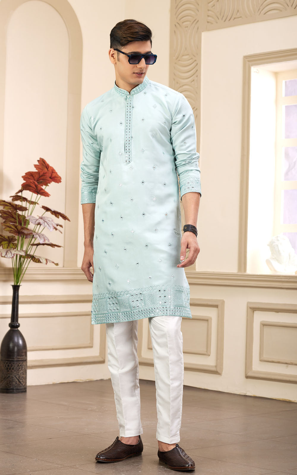 Pista Green Thread Work Art Silk Kurta