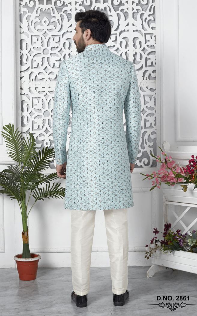 Sky Blue Jacquard Silk Indo-Western For Men